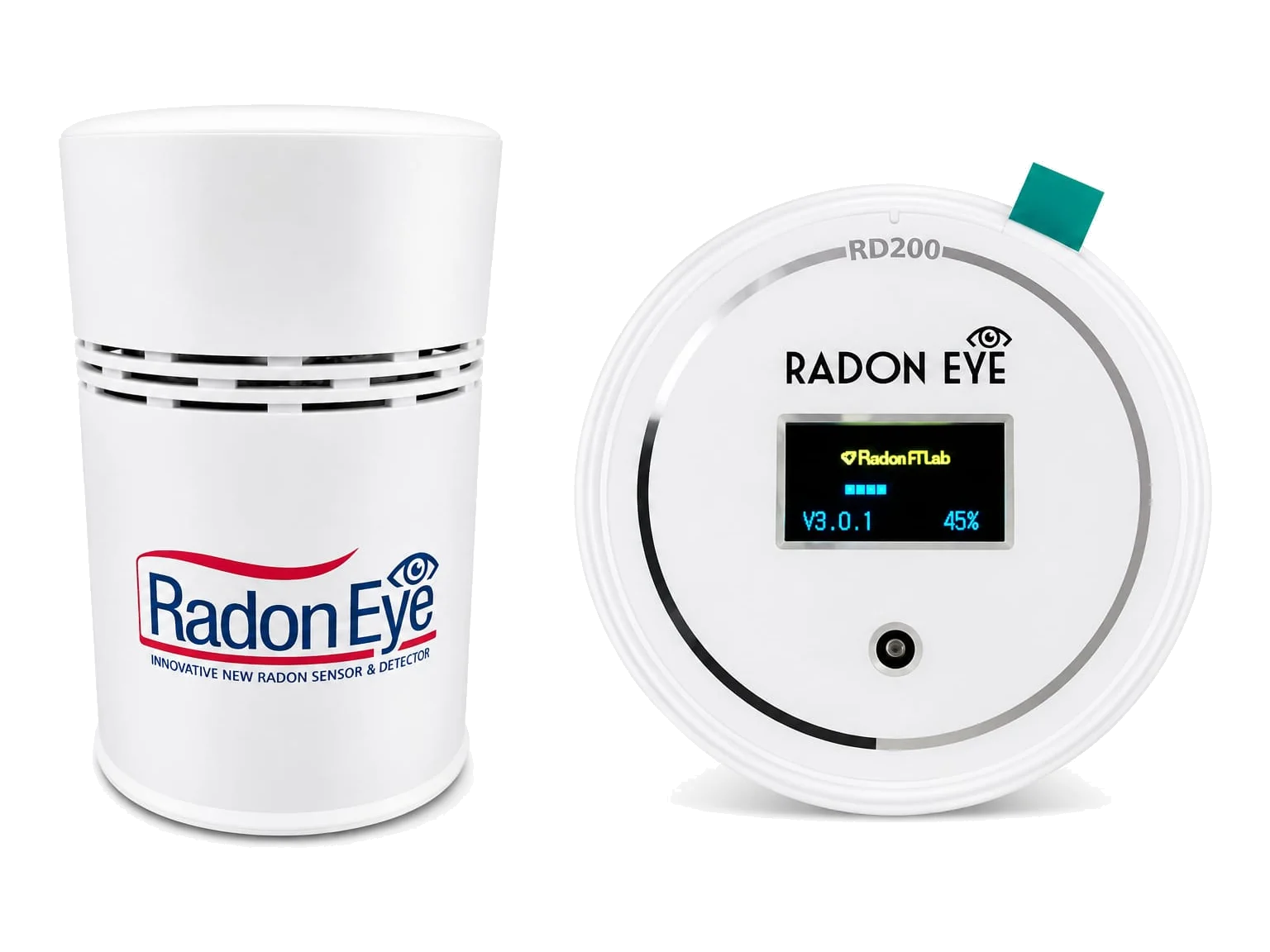 Radon-Messgerät Radon Eye RD200 – Gerät von der Seite und Displayansicht von oben
